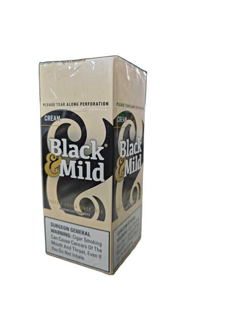 Angled view of the Black and Mild Cream Plastic Tip 25-count singles box in creamy white and brown. These popular machine-made pipe tobacco cigarillos come in a wholesale 25-count box of singles, perfect for retail point-of-purchase displays.