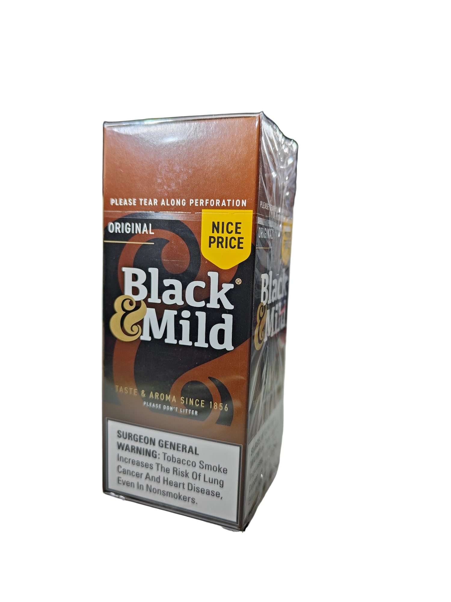 Angled front view of the Black and Mild Original Plastic Tip 25-count singles box in classic beige and brown. These popular machine-made pipe tobacco cigarillos come in a wholesale 25-count box of singles, perfect for retail point-of-purchase displays.