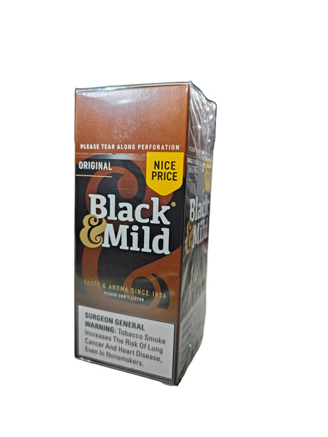 Angled front view of the Black and Mild Original Plastic Tip 25-count singles box in classic beige and brown. These popular machine-made pipe tobacco cigarillos come in a wholesale 25-count box of singles, perfect for retail point-of-purchase displays.