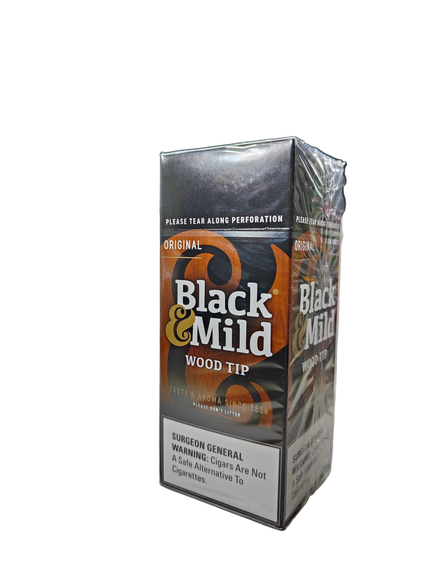 Angled overhead view of the Black and Mild Original Wood Tip 25-count singles box in tan and dark brown. These popular machine-made pipe tobacco cigarillos come in a wholesale 25-count box of singles, perfect for retail point-of-purchase displays.