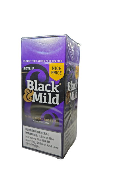 Front view of the Black and Mild Royale Plastic Tip 25-count singles box in dark red and black. These popular machine-made pipe tobacco cigarillos come in a wholesale 25-count box of singles, perfect for retail point-of-purchase displays.