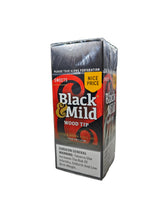Angled overhead view of the Black and Mild Sweets Wood Tip 25-count singles box in light pink and dark brown. These popular machine-made pipe tobacco cigarillos come in a wholesale 25-count box of singles, perfect for retail point-of-purchase displays.