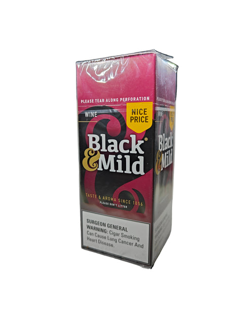 Front view of the Black and Mild Wine Plastic Tip 25-count singles box in deep wine red and brown. These popular machine-made pipe tobacco cigarillos come in a wholesale 25-count box of singles, perfect for retail point-of-purchase displays.