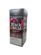 Angled view of the Black and Mild Wine Wood Tip 25-count singles box in deep burgundy and dark brown. These popular machine-made pipe tobacco cigarillos come in a wholesale 25-count box of singles, perfect for retail point-of-purchase displays.