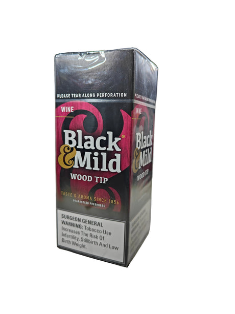 Angled view of the Black and Mild Wine Wood Tip 25-count singles box in deep burgundy and dark brown. These popular machine-made pipe tobacco cigarillos come in a wholesale 25-count box of singles, perfect for retail point-of-purchase displays.