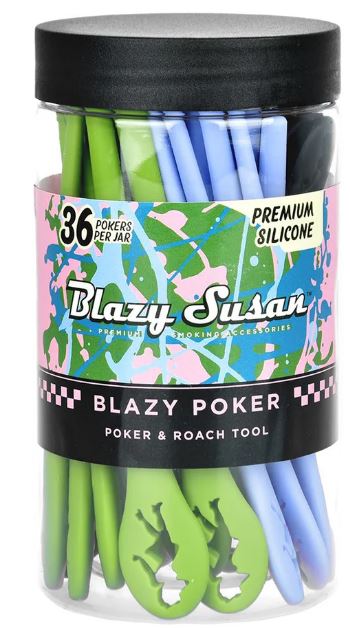 Front view of the Blazy Susan Cone Poker & Roach Tool 36-count retail display jar filled with an assortment of vibrant colors. This durable 5.2-inch silicone accessory features a packing tamper on one end and a built-in roach holder on the other to elevate your pre-roll experience.