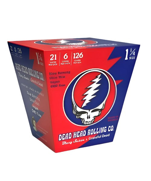 Front view of the multicolored Blazy Susan Grateful Dead 1 1/4 Cones 21-pack. These ready-to-fill, plant-based paper cylinders feature official band artwork and integrated base filtration to stop loose foliage from exiting the cylinder.