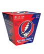Front view of the multicolored Blazy Susan Grateful Dead 1 1/4 Cones 21-pack. These ready-to-fill, plant-based paper cylinders feature official band artwork and integrated base filtration to stop loose foliage from exiting the cylinder.