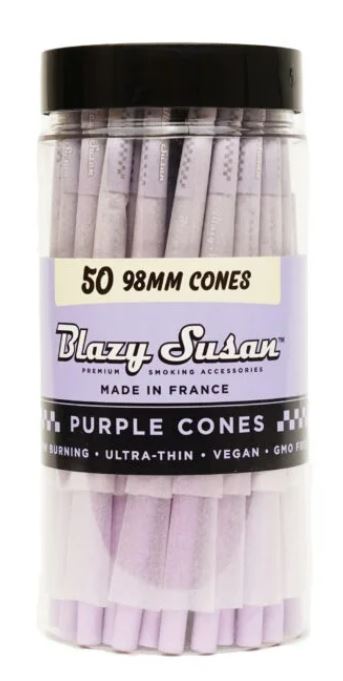 Front view of the naturally dyed purple Blazy Susan 98mm Cones in a 50-count bulk jar. These ready-to-fill, chlorine-free paper cylinders feature integrated base filtration and bypass the need for manual processing.