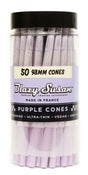 Front view of the naturally dyed purple Blazy Susan 98mm Cones in a 50-count bulk jar. These ready-to-fill, chlorine-free paper cylinders feature integrated base filtration and bypass the need for manual processing.