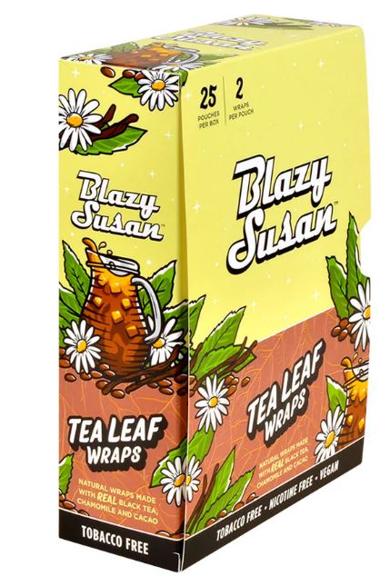 Front angled view of the brown and beige Blazy Susan Real Tea Leaf Wraps in a 25-count retail display box. These vegan, tobacco-free wraps are made from a proprietary blend of black tea, chamomile, and cacao with a natural moisture-activated seal.