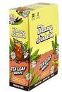 Front angled view of the brown and beige Blazy Susan Real Tea Leaf Wraps in a 25-count retail display box. These vegan, tobacco-free wraps are made from a proprietary blend of black tea, chamomile, and cacao with a natural moisture-activated seal.