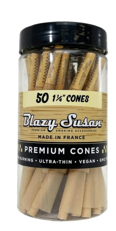 Front view of the naturally brown Blazy Susan Unbleached 1 1/4 Cones in a 50-count bulk jar. These chlorine-free, ready-to-fill paper cylinders feature integrated filtration tips and bypass the need for manual processing.