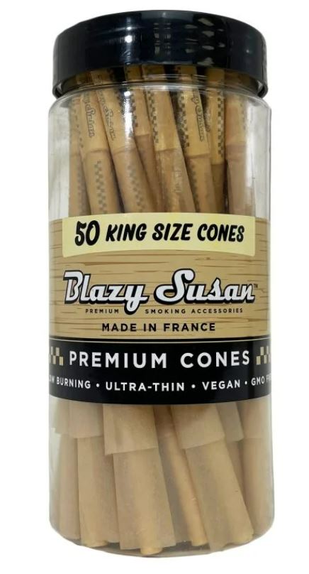 Front view of the naturally brown Blazy Susan Unbleached King Size Cones in a 50-count bulk jar. These ready-to-fill, chlorine-free paper cylinders feature integrated filter tips and bypass the need for manual processing.