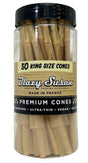 Front view of the naturally brown Blazy Susan Unbleached King Size Cones in a 50-count bulk jar. These ready-to-fill, chlorine-free paper cylinders feature integrated filter tips and bypass the need for manual processing.