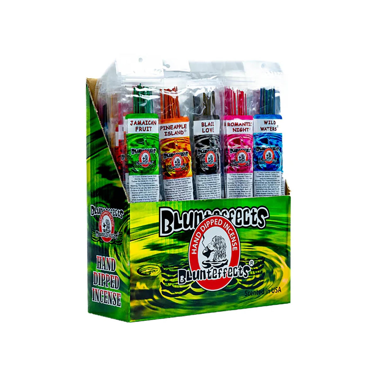 Front angled view of the Blunt Effects Hand Dipped Incense Sticks 72-count display carton featuring an assortment of bright colors. This tiered wholesale housing holds individually wrapped 12-stick retail packs designed to provide a steady thermal burn rate for over 45 minutes of concentrated aroma.