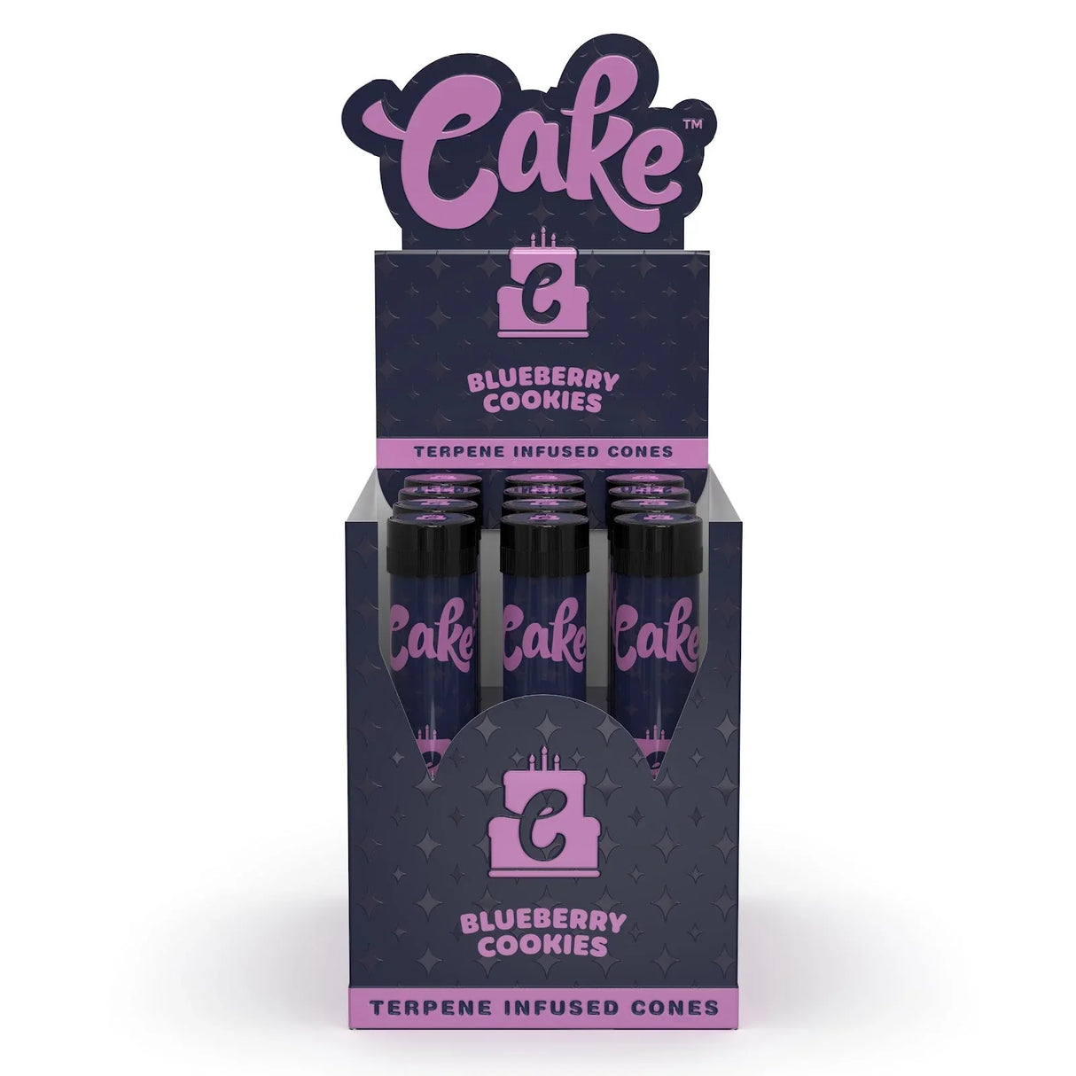 Front view of the Cake Terpene Infused Cones 12-count display carton in the blue Blueberry Cookies flavor. These ultra-thin pre-rolled paper wraps are physically saturated with natural botanical terpenes to introduce specific aromas and are housed inside rigid glass tubes.
