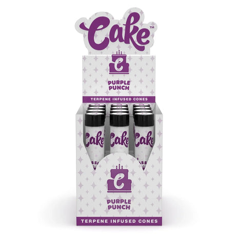 Front view of the Cake Terpene Infused Cones 12-count display carton in the purple Purple Punch flavor. These ultra-thin pre-rolled paper wraps are physically saturated with natural botanical terpenes to introduce specific aromas and are housed inside rigid glass tubes.