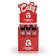 Front view of the Cake Terpene Infused Cones 12-count display carton in the pink and red Strawberry Cough flavor. These ultra-thin pre-rolled paper wraps are physically saturated with natural botanical terpenes to introduce specific aromas and are housed inside rigid glass tubes.