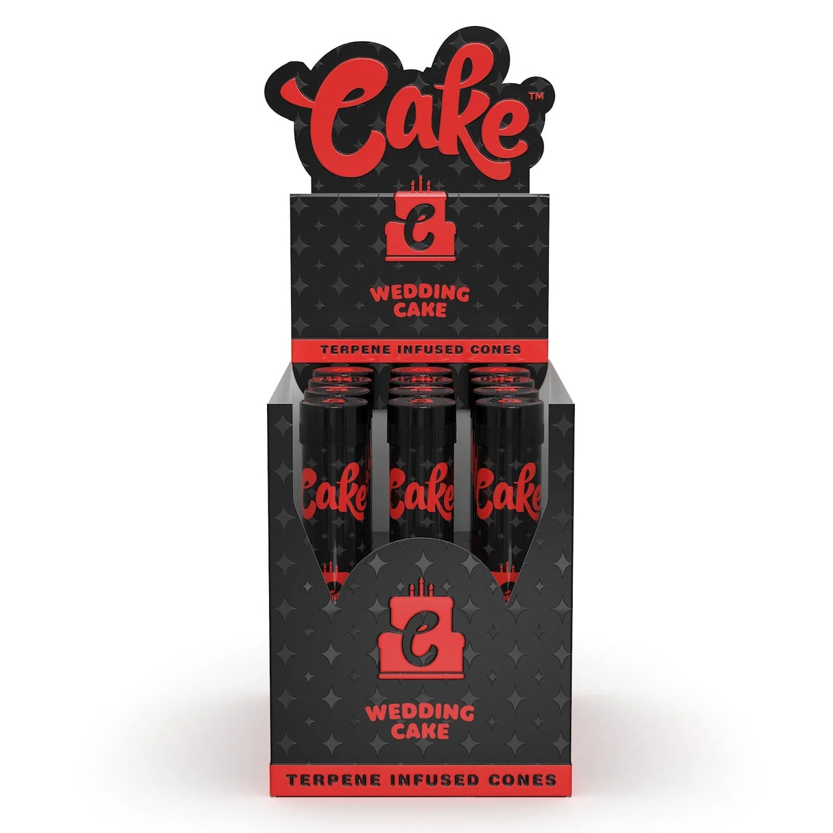 Front view of the Cake Terpene Infused Cones 12-count display carton in the white and gold Wedding Cake flavor. These ultra-thin pre-rolled paper wraps are physically saturated with natural botanical terpenes to introduce specific aromas and are housed inside rigid glass tubes.