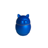 Front angled view of the 62mm Cat Shape Metal Grinder in metallic blue. This 4-piece feline-themed unit features a magnetized top enclosure to manually process unrefined botanical materials.