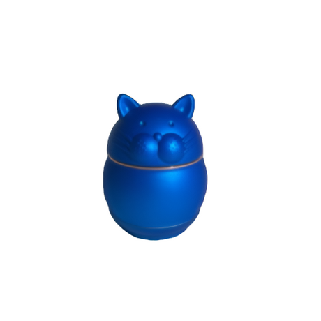 Front angled view of the 62mm Cat Shape Metal Grinder in metallic blue. This 4-piece feline-themed unit features a magnetized top enclosure to manually process unrefined botanical materials.
