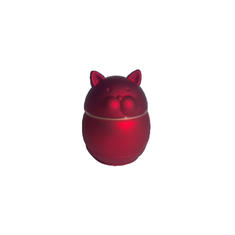 Front angled view of the 62mm Cat Shape Metal Grinder in metallic red. This 4-piece feline-themed unit features a magnetized top enclosure to manually process unrefined botanical materials.