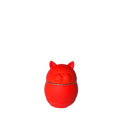 Front angled view of the 62mm Cat Shape Metal Grinder in red. This 4-piece feline-themed unit features a magnetized top enclosure to manually process unrefined botanical materials.