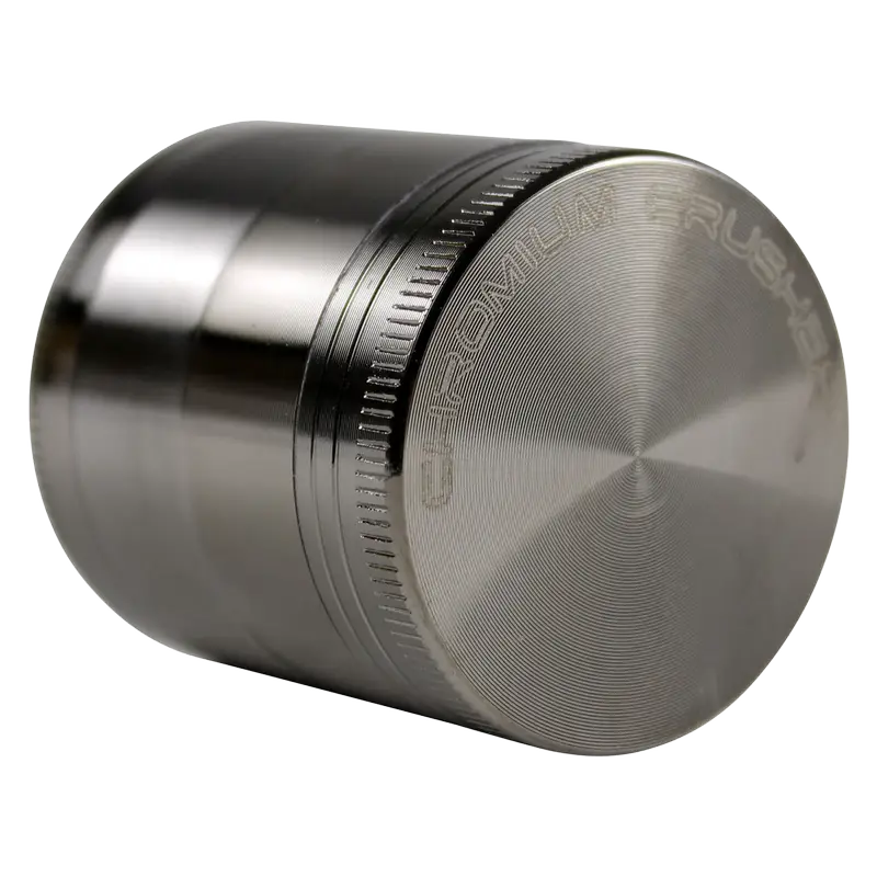 front view of the chromium crusher 1.6" 4 piece grinder. premium and sturdy grinder for botanical herb in grey.
