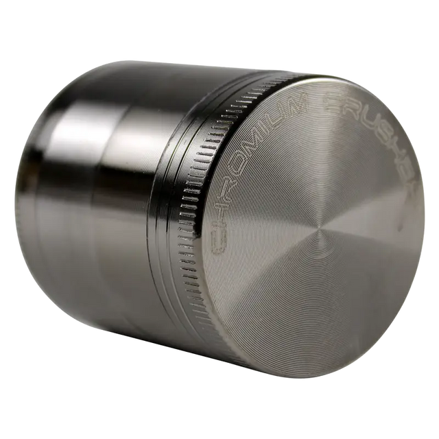 front view of the chromium crusher 1.6" 4 piece grinder. premium and sturdy grinder for botanical herb in grey.