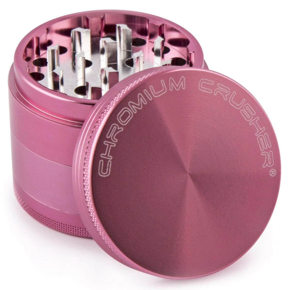 front view of the chromium crusher 1.6" 4 piece grinder. premium and sturdy grinder for botanical herb in pink.