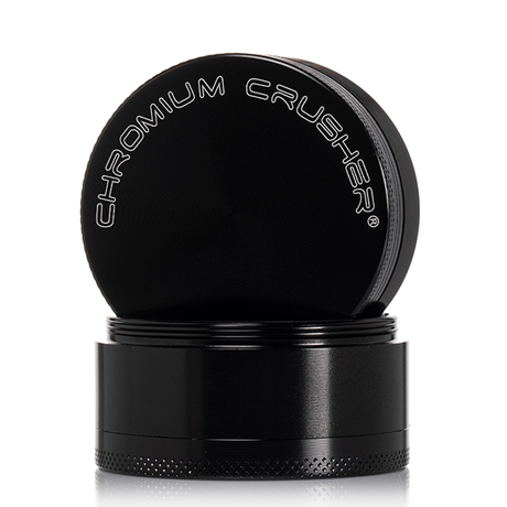 front view of the chromium crusher 2.2" 4 piece grinder. premium and sturdy grinder for botanical herb in black.