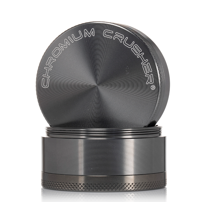 front view of the chromium crusher 2.2" 4 piece grinder. premium and sturdy grinder for botanical herb in grey.