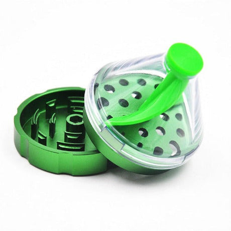 Front view of the 4-piece Chromium Crusher Funnel Grinders in assorted metallic colors. This heavy-duty botanical preparation tool features sharp metal teeth and a built-in dispensing funnel to easily load ground materials directly into bowls or pre-rolled cones.
