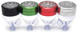 Front view of the Chromium Crusher Funnel Grinder in an assortment of metallic colors. This zinc-alloy hybrid dispensing unit features an integrated funnel chamber that actively channels processed botanical grounds straight down into a positioned paper cone.