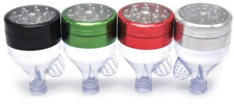 Front view of the Chromium Crusher Funnel Grinder in an assortment of metallic colors. This zinc-alloy hybrid dispensing unit features an integrated funnel chamber that actively channels processed botanical grounds straight down into a positioned paper cone.