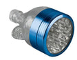 Front view of the Chromium Crusher Funnel Grinder in blue. This zinc-alloy hybrid dispensing unit features an integrated funnel chamber that actively channels processed botanical grounds straight down into a positioned paper cone.