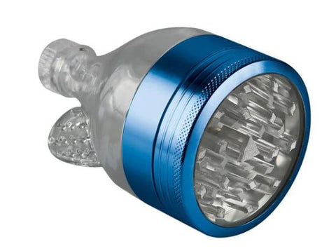 Front view of the Chromium Crusher Funnel Grinder in blue. This zinc-alloy hybrid dispensing unit features an integrated funnel chamber that actively channels processed botanical grounds straight down into a positioned paper cone.