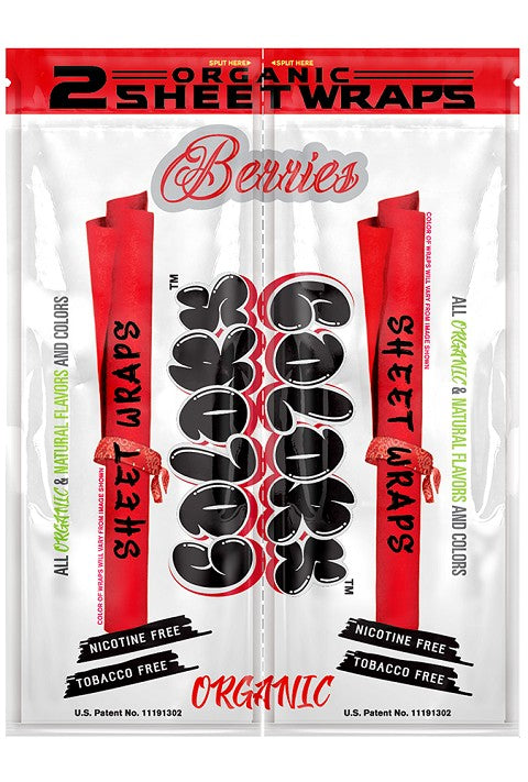 Front view of the Colors Organic Sheet Wraps pouch in Berries flavor. This red and purple accented packaging seals in fresh natural berry flavors using an airtight barrier format.