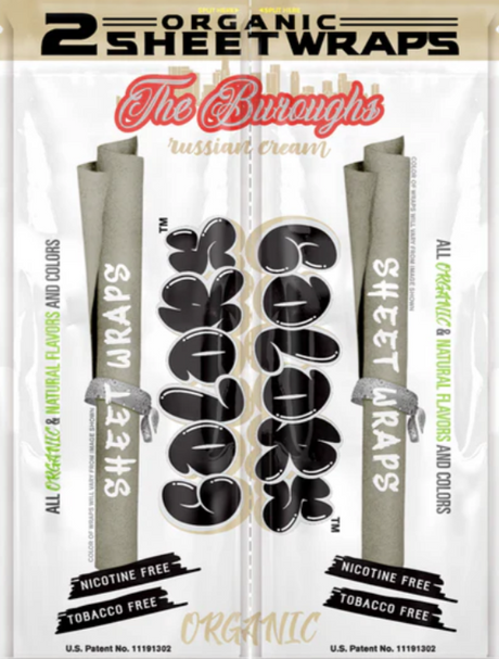 Front view of the Colors Organic Sheet Wraps pouch in Russian Cream flavor. This cream-colored, fresh-locking bag protects the tobacco-free wraps for easy preparation and structural performance.