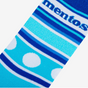 Overhead flat lay view of the Crazy Socks Mentos Men's Crew socks in signature blue and white stripes. These novelty crew socks feature the classic Mentos logo and are built with moisture-wicking technology to keep feet cool and dry.