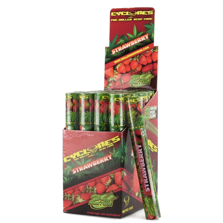 Angled overhead view of the Cyclones pure toasted hemp cones 24-count display box in red. These strawberry-flavored cones are made with natural toasted hemp and contain an innovative tip for a richer, tobacco-free aroma.