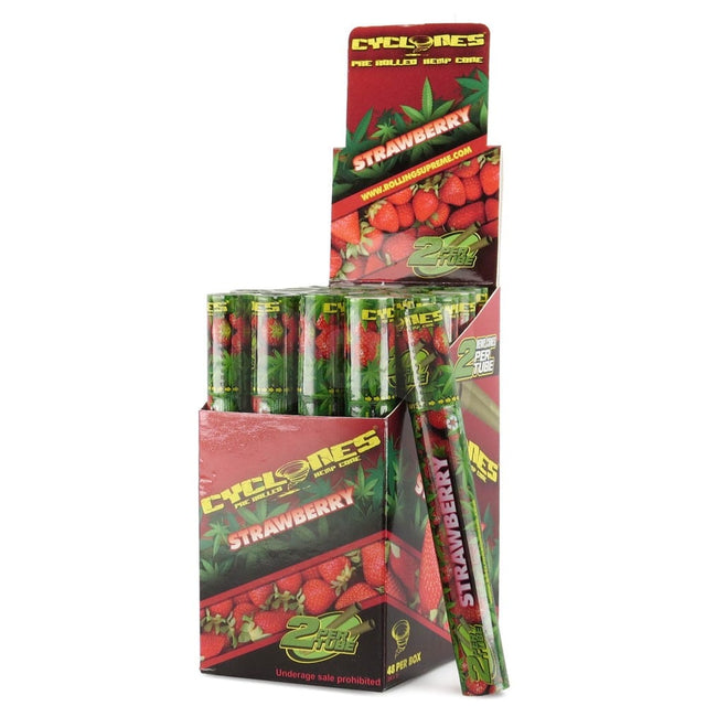 Angled overhead view of the Cyclones pure toasted hemp cones 24-count display box in red. These strawberry-flavored cones are made with natural toasted hemp and contain an innovative tip for a richer, tobacco-free aroma.