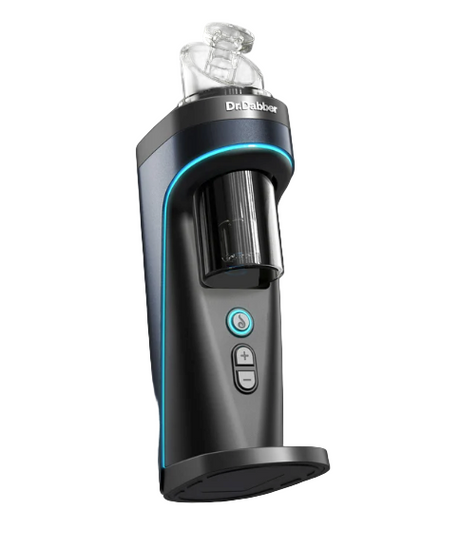 Front view of the black Dr. Dabber Switch Induction Vaporizer base showing its ergonomic hourglass profile. This powerful 120W induction heating unit features a robust glass well that completely isolates internal electronics from the vapor path.
