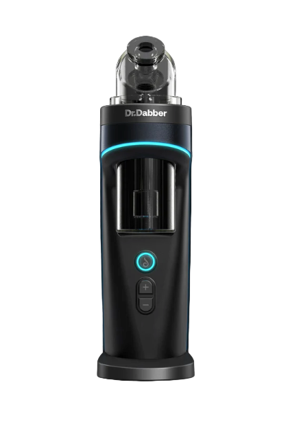 Front angled view of the Dr. Dabber Switch Induction Vaporizer starter kit with its glass bubbler attachment and accessories. This premium 2-in-1 desktop e-rig utilizes cutting-edge induction heating to vaporize both concentrates and dry herb flower.