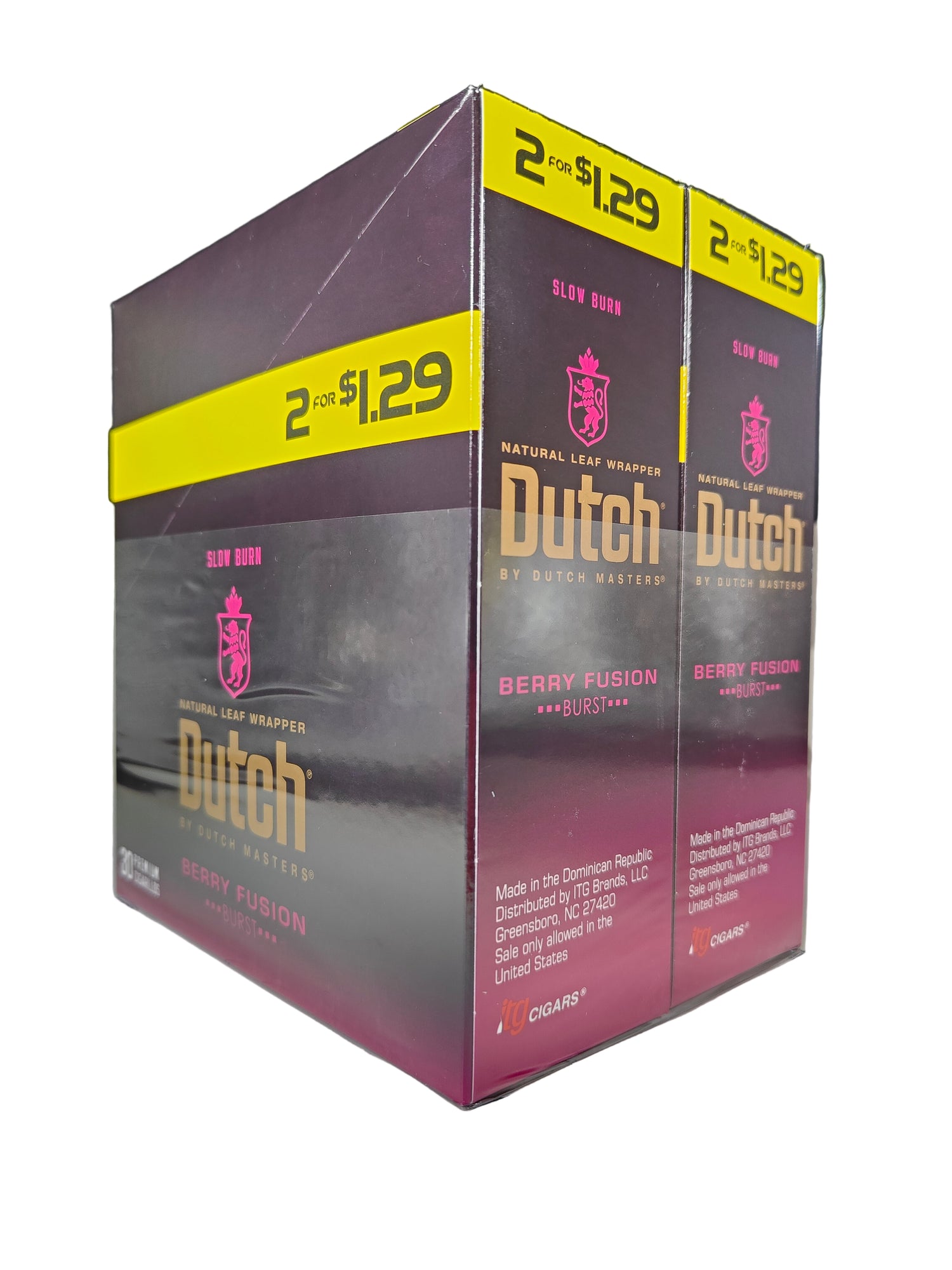 Angled view of the Dutch Masters Berry Fusion Burst cigarillos box in vibrant red-purple and brown. These slow-burning natural leaf cigarillos come in a wholesale 15-count box of 2-packs, ideal for retail counter displays.