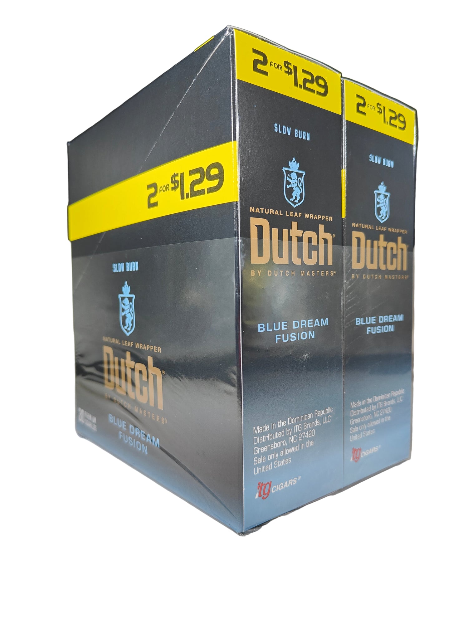 Front view of the Dutch Masters Blue Dream Fusion cigarillos box in deep blue and brown. These slow-burning natural leaf cigarillos come in a wholesale 15-count box of 2-packs, ideal for retail counter displays.