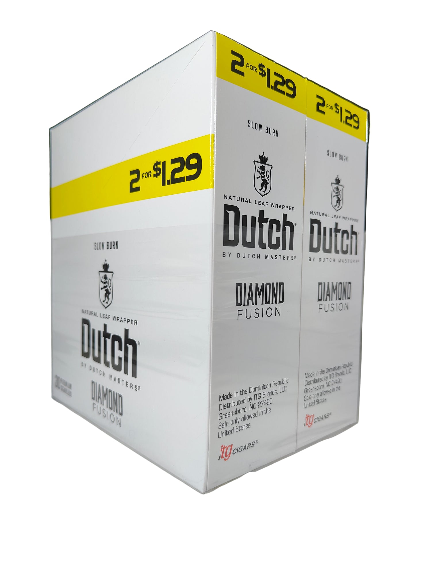 Angled overhead view of the Dutch Masters Diamond Fusion cigarillos box in icy blue and silver. These slow-burning natural leaf cigarillos come in a wholesale 15-count box of 2-packs, ideal for retail counter displays.