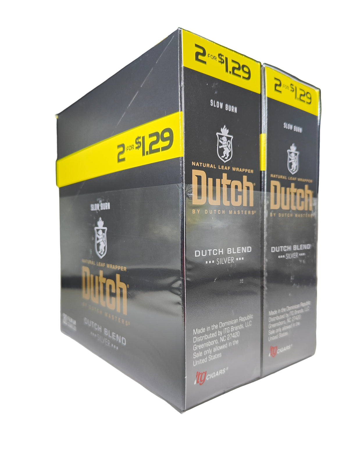 Front view of the Dutch Masters Dutch Blend Silver cigarillos box in metallic silver and brown. These slow-burning natural leaf cigarillos come in a wholesale 15-count box of 2-packs, ideal for retail counter displays.