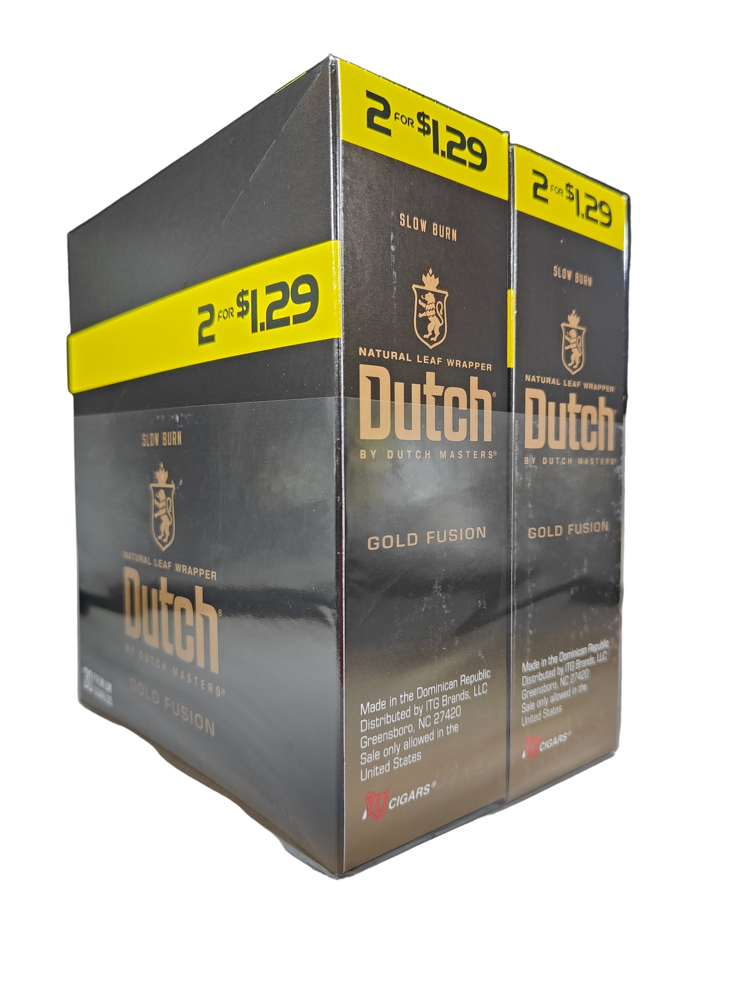 Front view of the Dutch Masters Gold Fusion cigarillos box in metallic gold and brown. These slow-burning natural leaf cigarillos come in a wholesale 15-count box of 2-packs, ideal for retail counter displays.